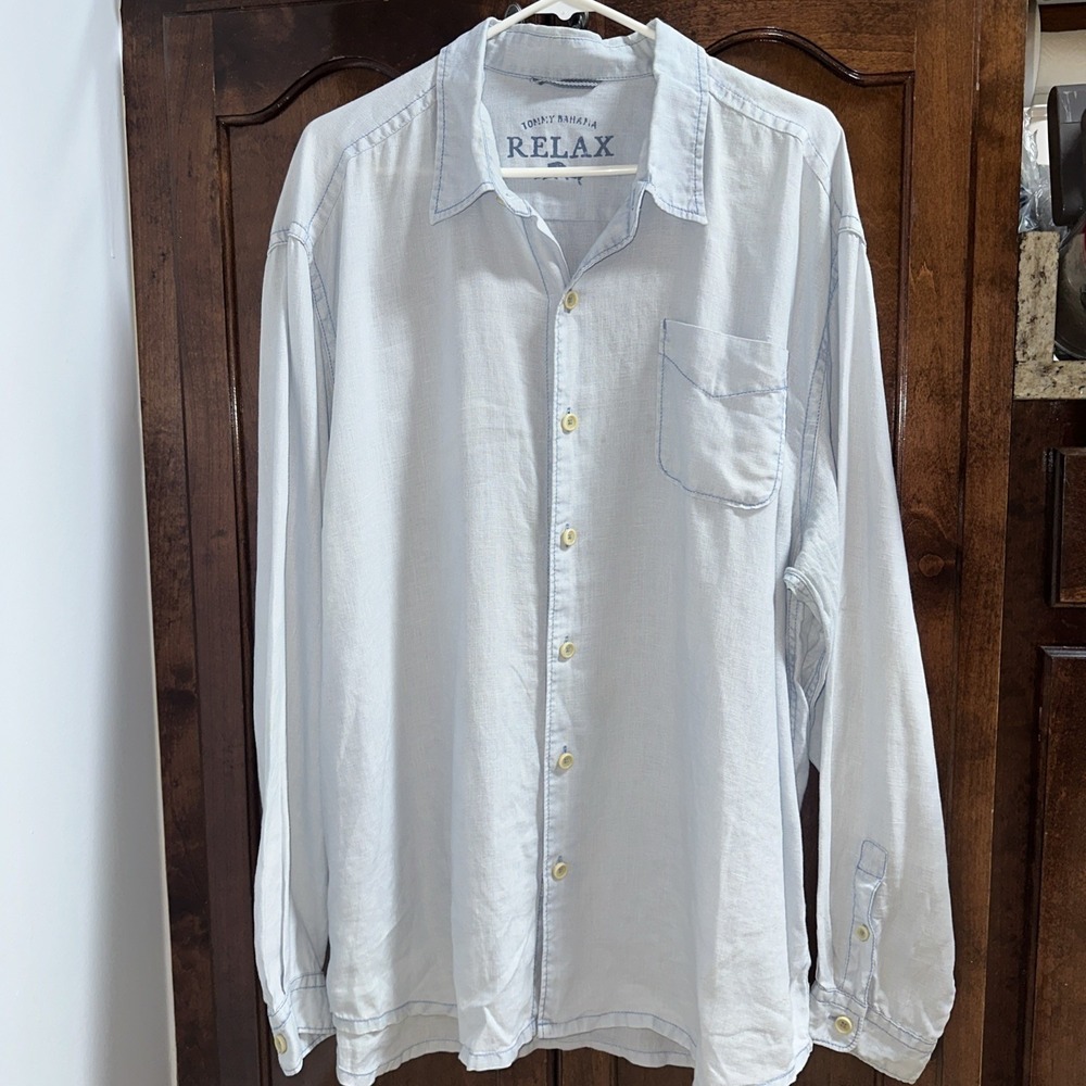 Tommy Bahama Shirt XXL Light Blue Linen Button Up Long Sleeve Summer Casual